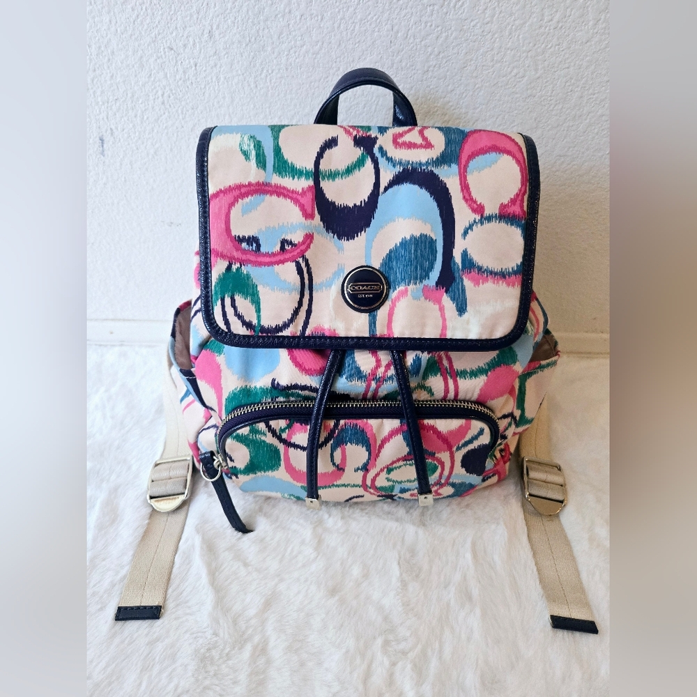 Coach Ikat Scribble Multicolor Signature Backpack Navy Trim - Picture 11 of 11